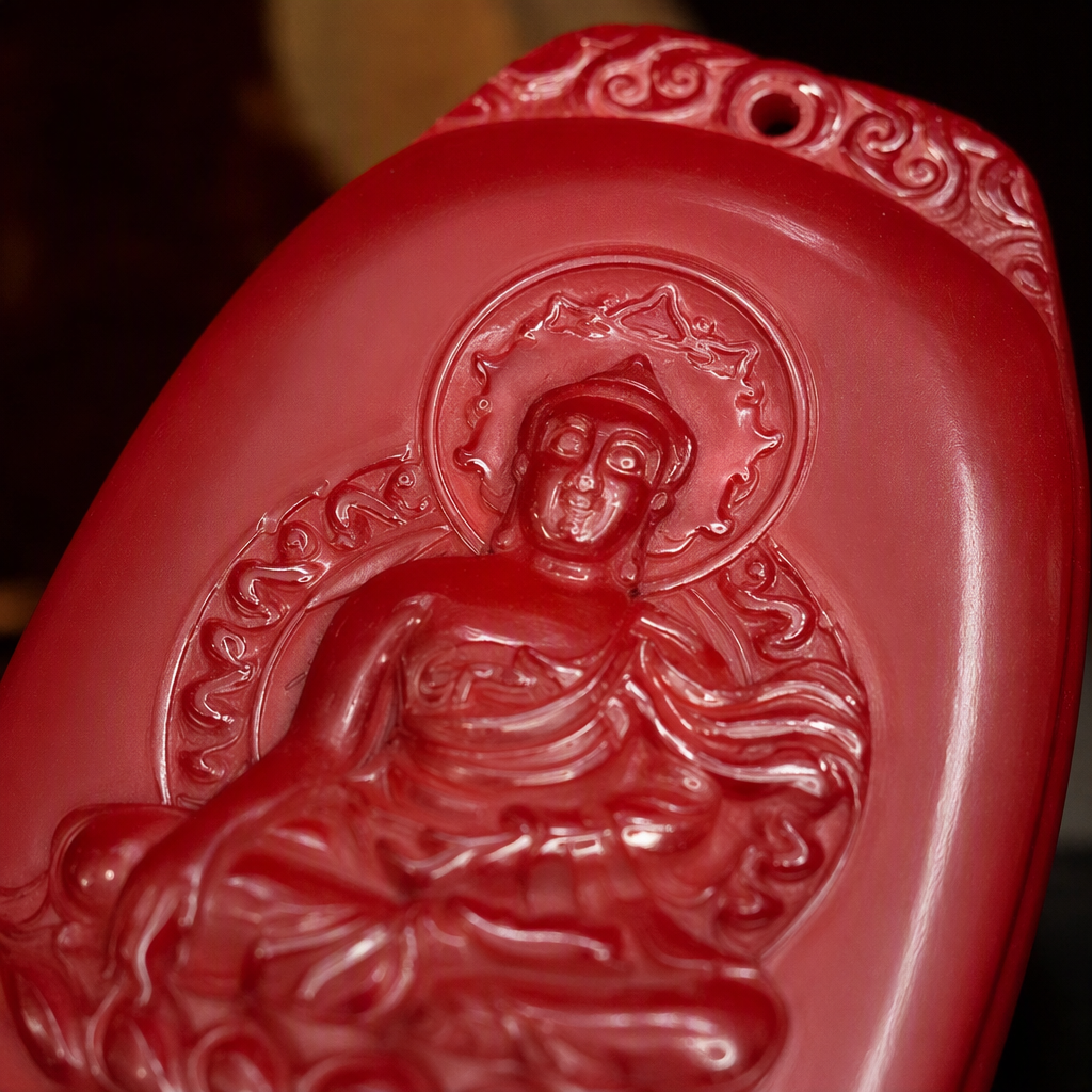 Alto contenido rojo cinabrio estatua de buda escultura artesanías y objetos de exhibición decoración del hogar budista ideas de regalo accesorios de colección colgante colgante Application Scenario
