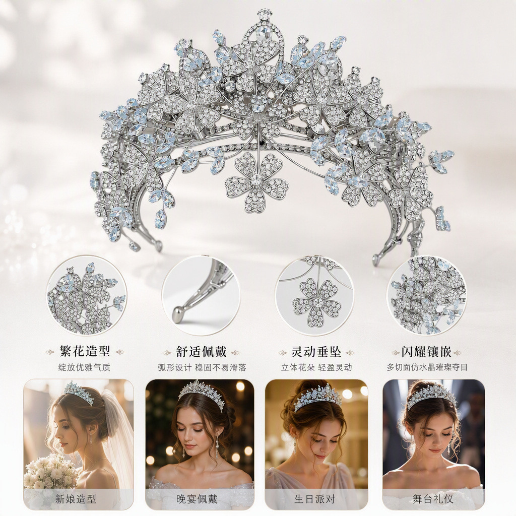 Shining silver crystal flower headwear, wedding hair accessory, elegant headwear, women's accessory, dress headwear, crown