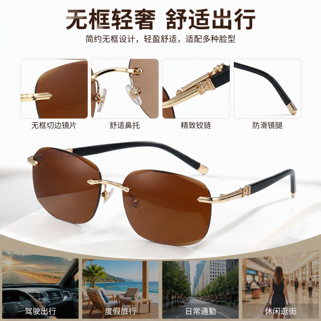 Golden frame, black temple, brown lens, sunshade driving polarized sunglasses, fashionable and trendy, suitable for both men and women