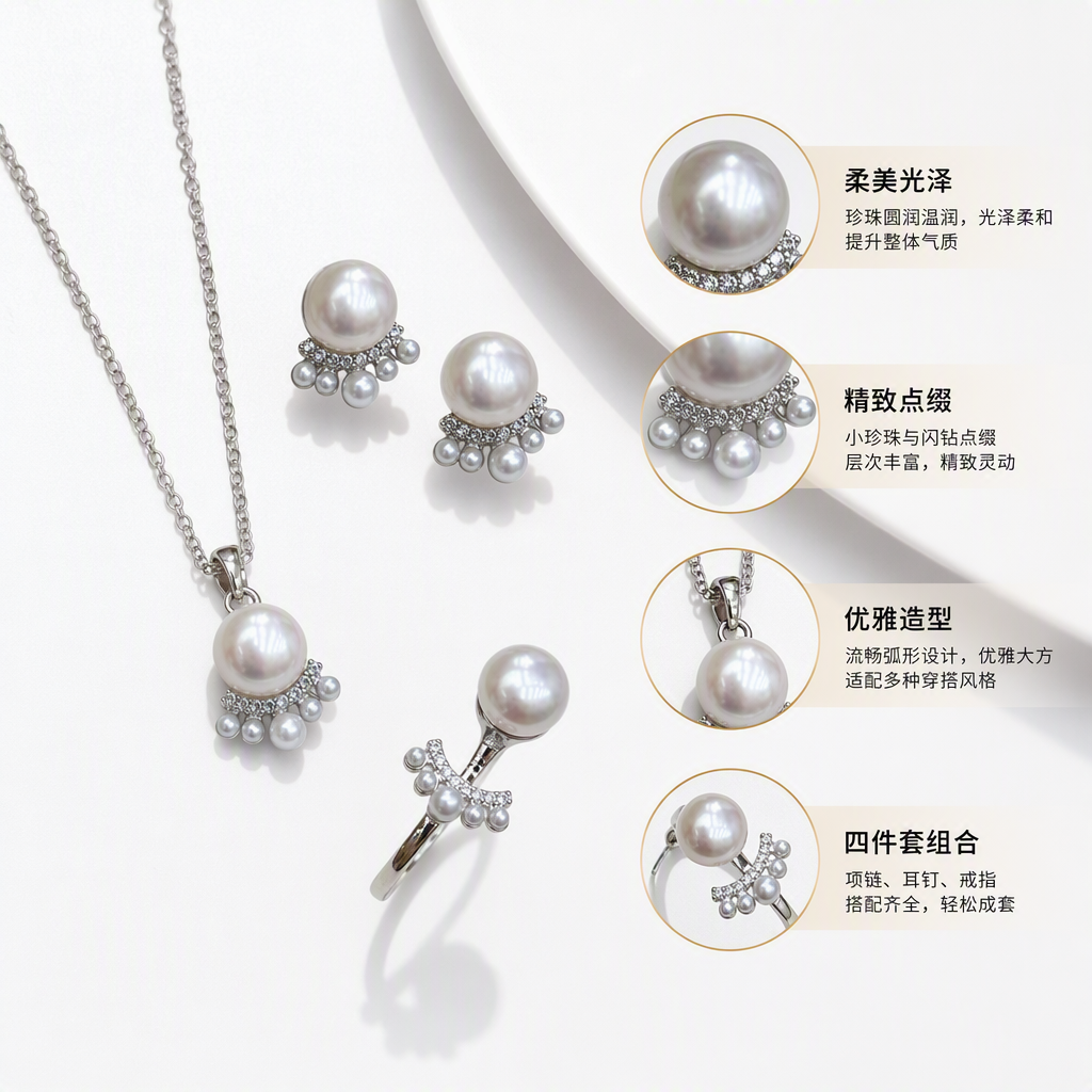 Silver pearl jewelry set, necklace, stud ring, elegant and stylish women's accessories gift box