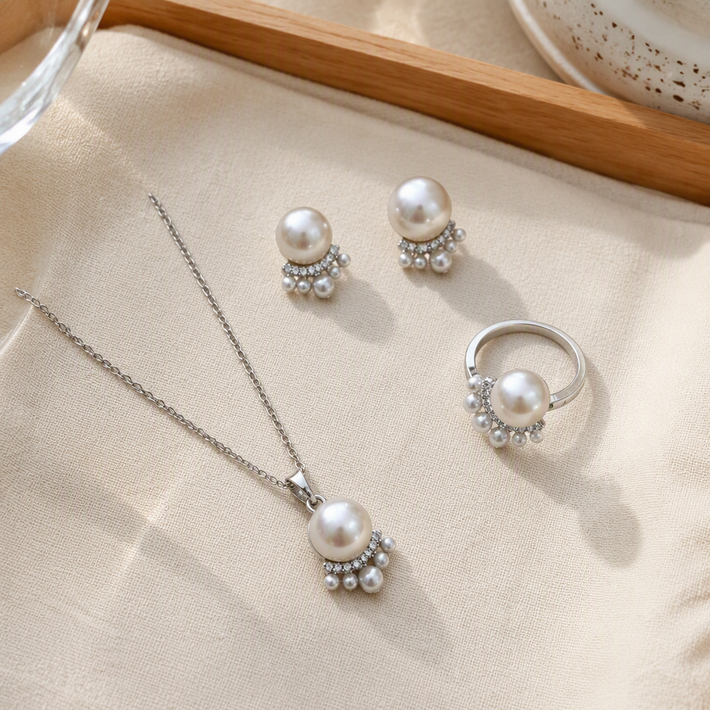 Silver pearl jewelry set, necklace, stud ring, elegant and stylish women's accessories gift box details Picture