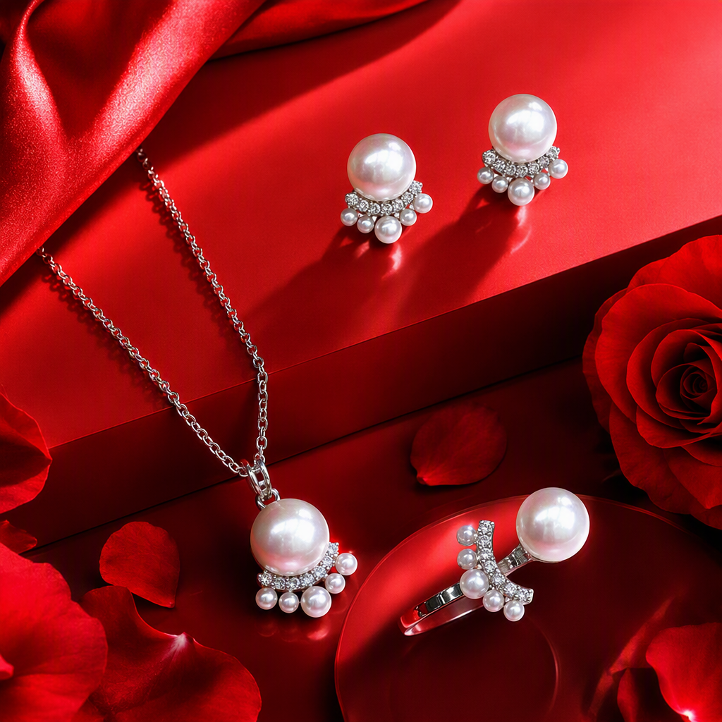 Silver pearl jewelry set, necklace, stud ring, elegant and stylish women's accessories gift box Specification image