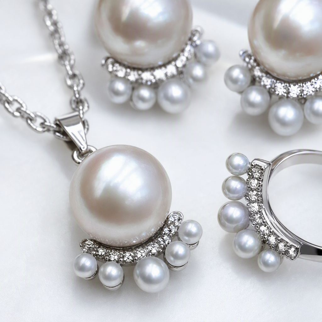 Silver pearl jewelry set, necklace, stud ring, elegant and stylish women's accessories gift box Application Scenario