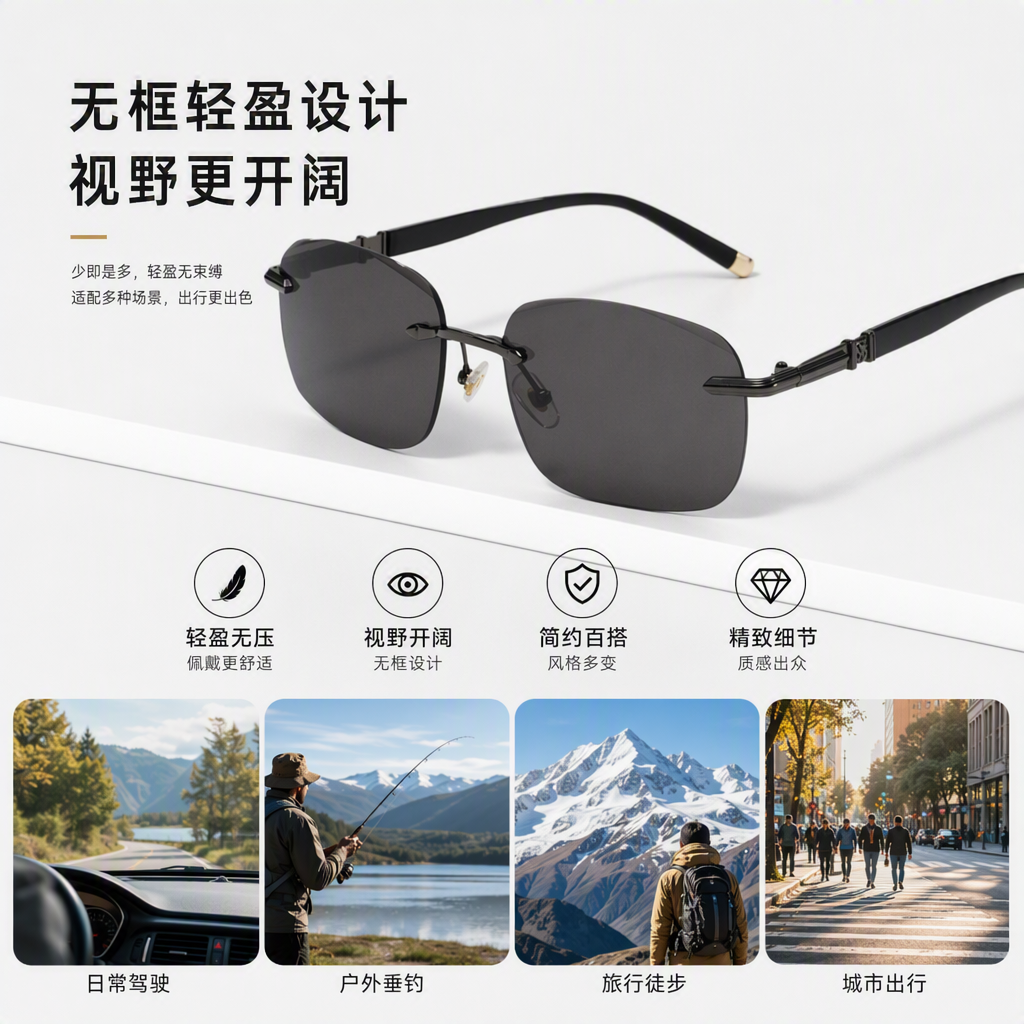 Fashionable and versatile black frameless sunglasses, polarized and UV-resistant for both men and women, light, comfortable and trendy style