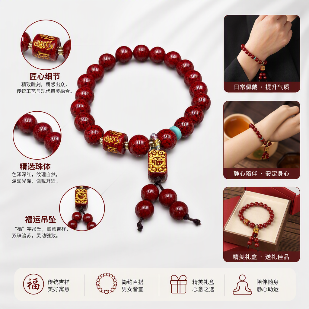 Cinabrio cadena de mano moda cadena de cuentas rojas pulsera mujer tejido a mano retro personalidad tendencia accesorios casual versátil