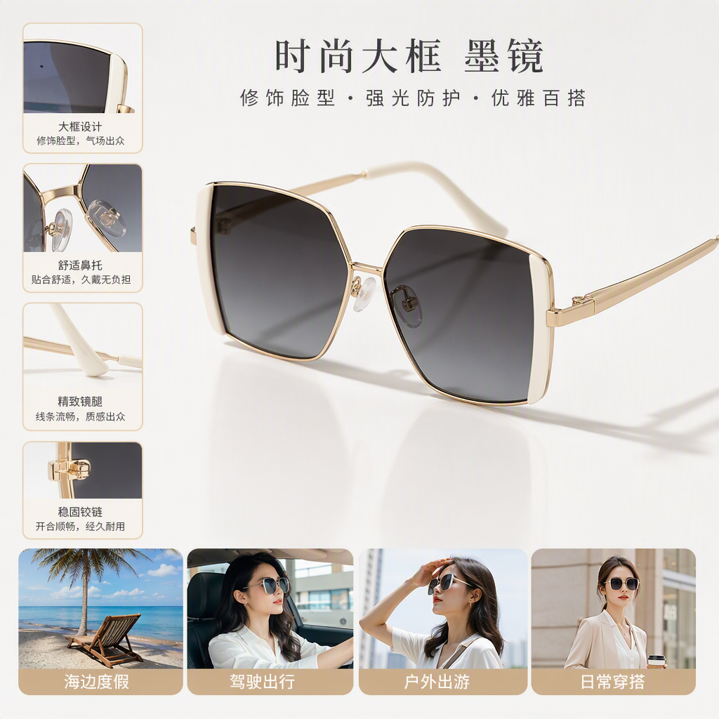 White mirror box, golden frame sunglasses, fashionable polarized sunglasses, trendy and versatile for both men and women, lightweight and UV-resistant