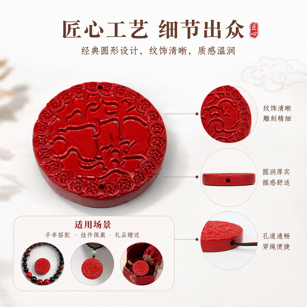 High-content cinnabar pendant, retro red round carved pendant, necklace accessory, fashionable and versatile gift, suitable for both men and women