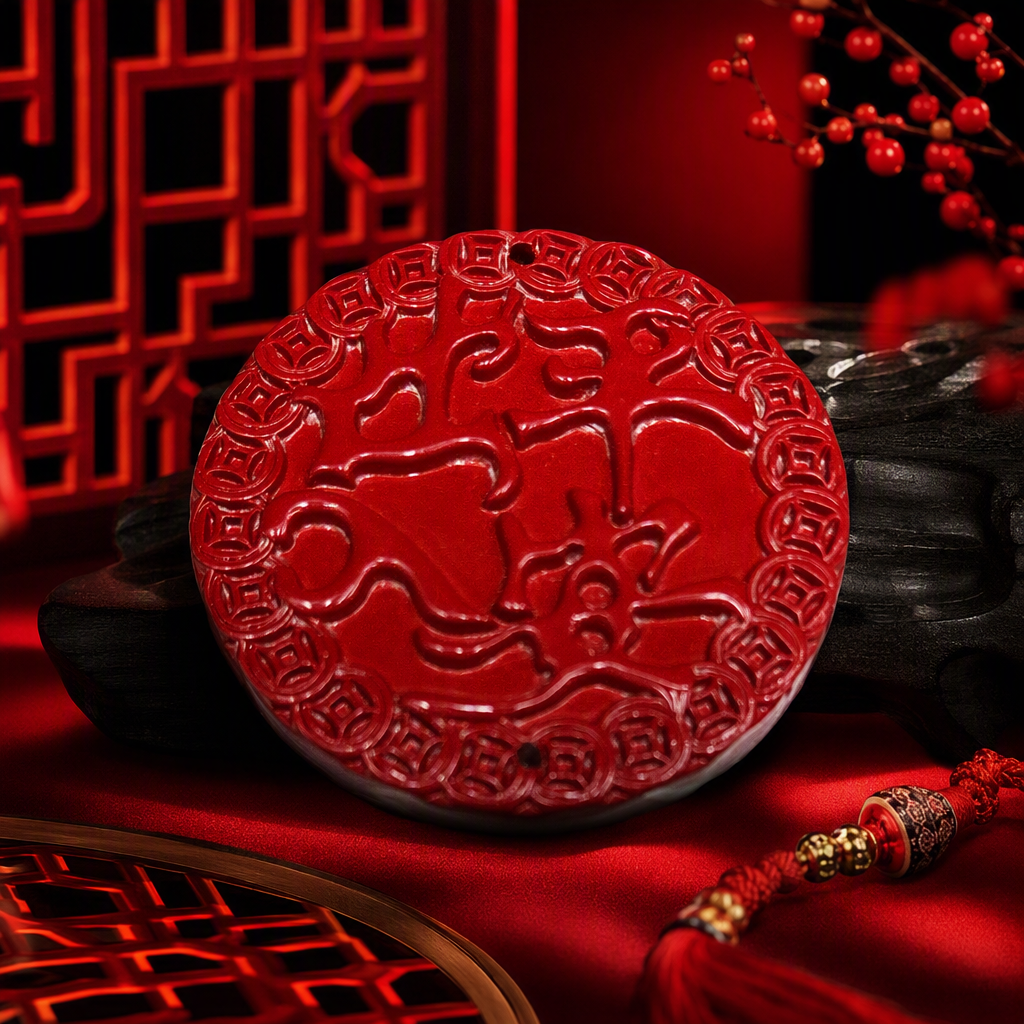 High-content cinnabar pendant, retro red round carved pendant, necklace accessory, fashionable and versatile gift, suitable for both men and women Specification image