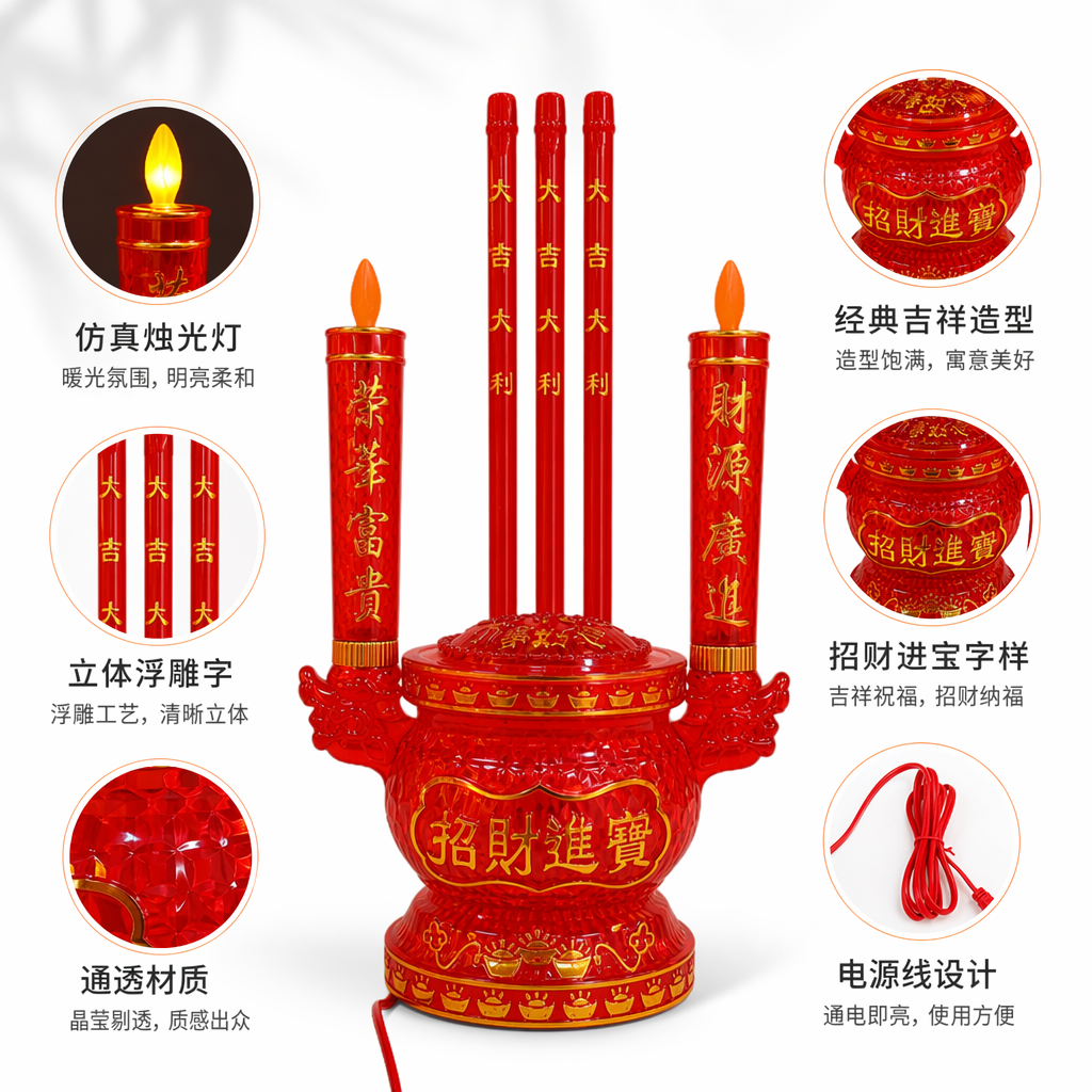 A red wealth-attracting incense burner decoration with three auspicious candles and two lucky candles, symbolizing prosperity and abundant wealth. It is a lucky feng shui display