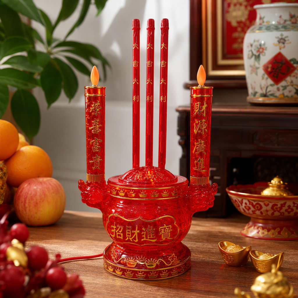 A red wealth-attracting incense burner decoration with three auspicious candles and two lucky candles, symbolizing prosperity and abundant wealth. It is a lucky feng shui display details Picture