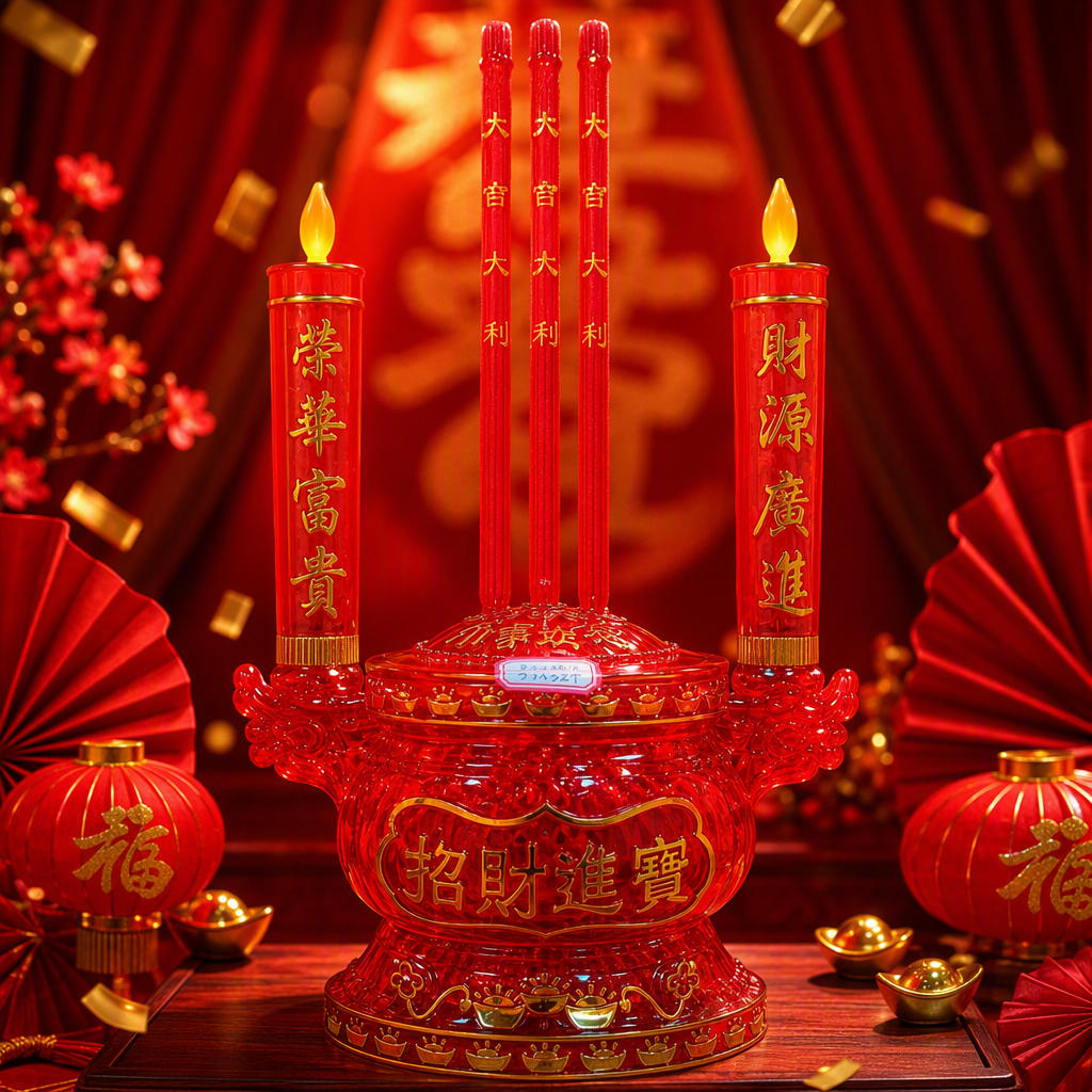 A red wealth-attracting incense burner decoration with three auspicious candles and two lucky candles, symbolizing prosperity and abundant wealth. It is a lucky feng shui display Specification image