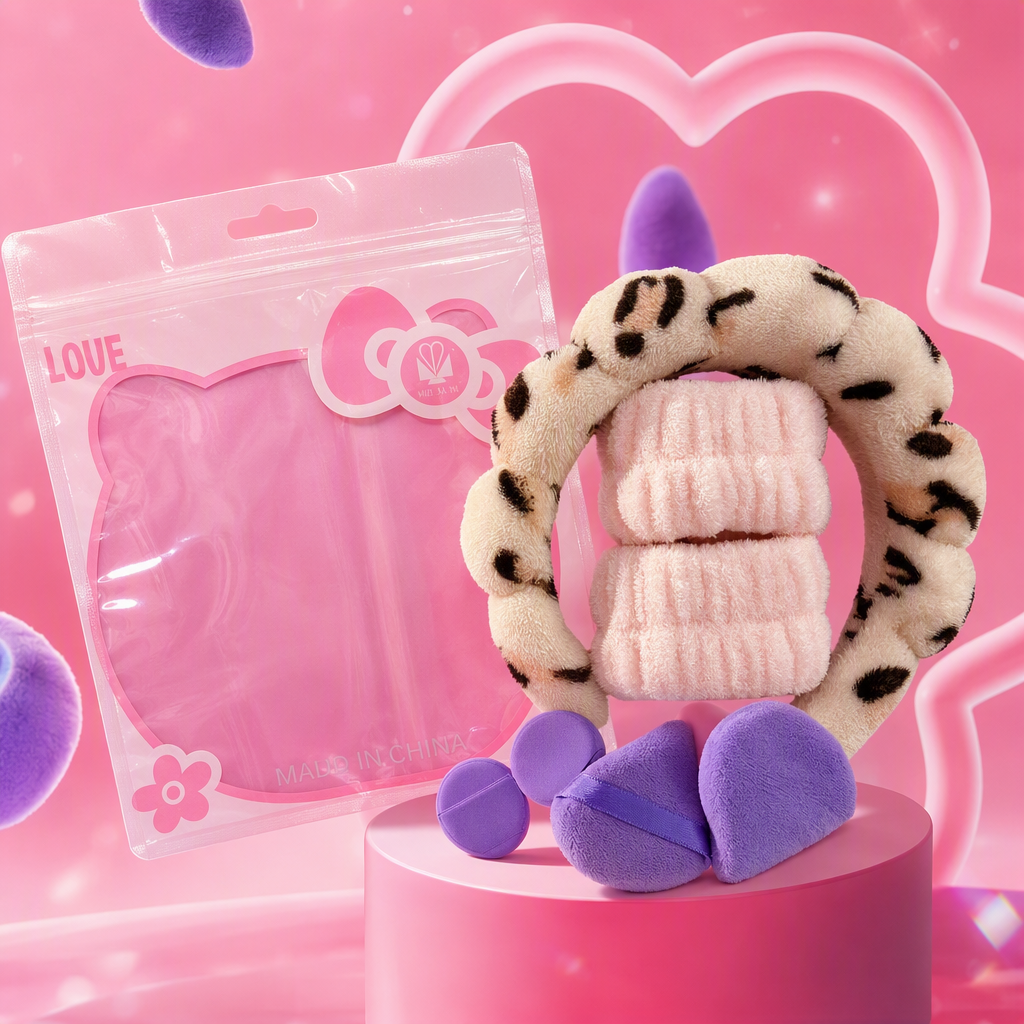 Pink cat packaging bag, leopard print hair band, pink and purple cotton pad set, cute hand-held portable beauty product gift box Specification image