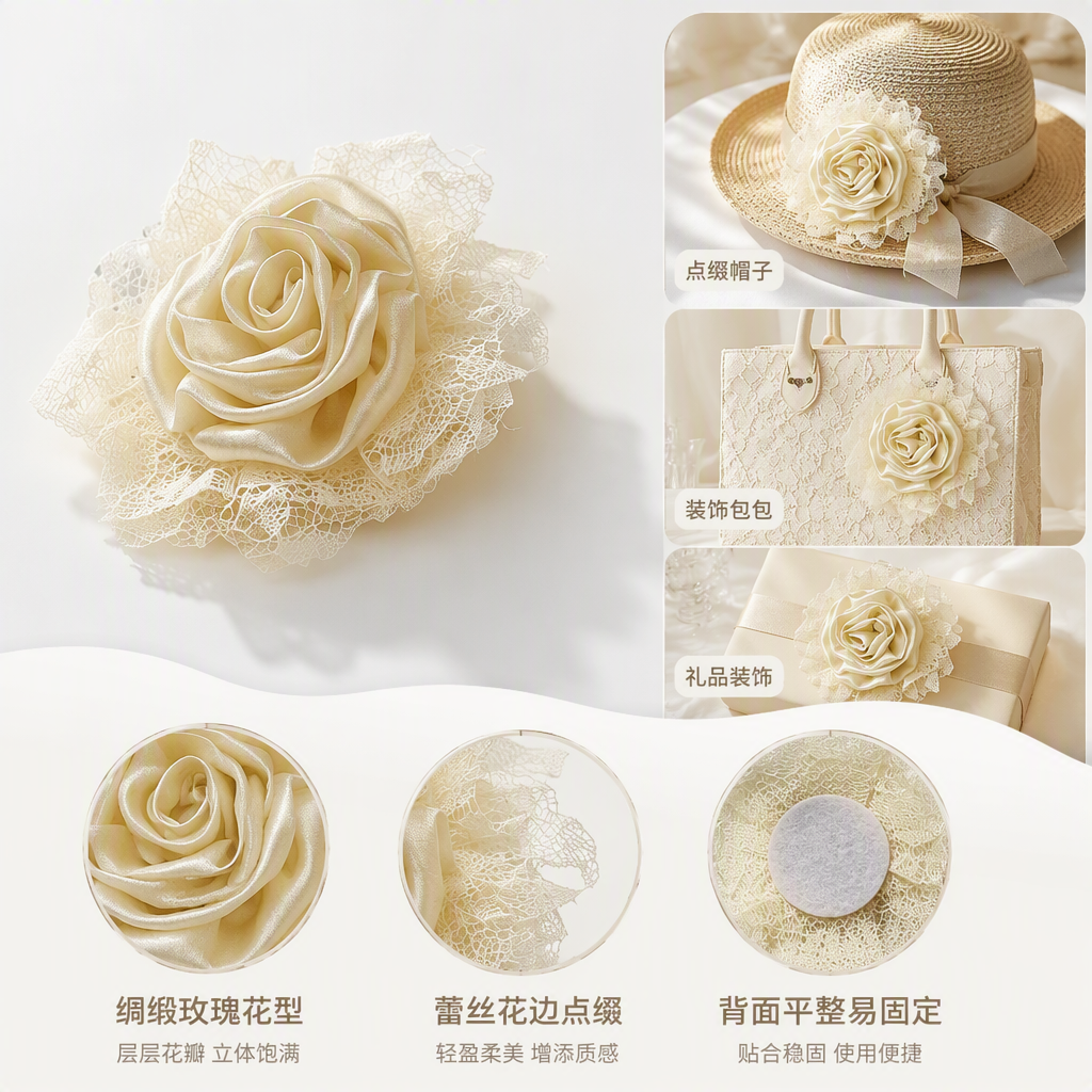 米白色丝质玫瑰花装饰配蕾丝底座优雅婚礼手工摆件家居装饰品