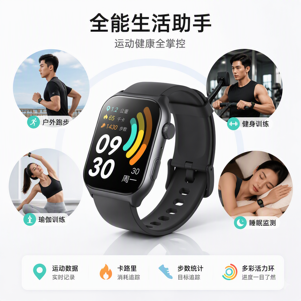 The black smartwatch sports model with a black strap screen displays the time 0930. The sports data is displayed in pink contrast on the right side