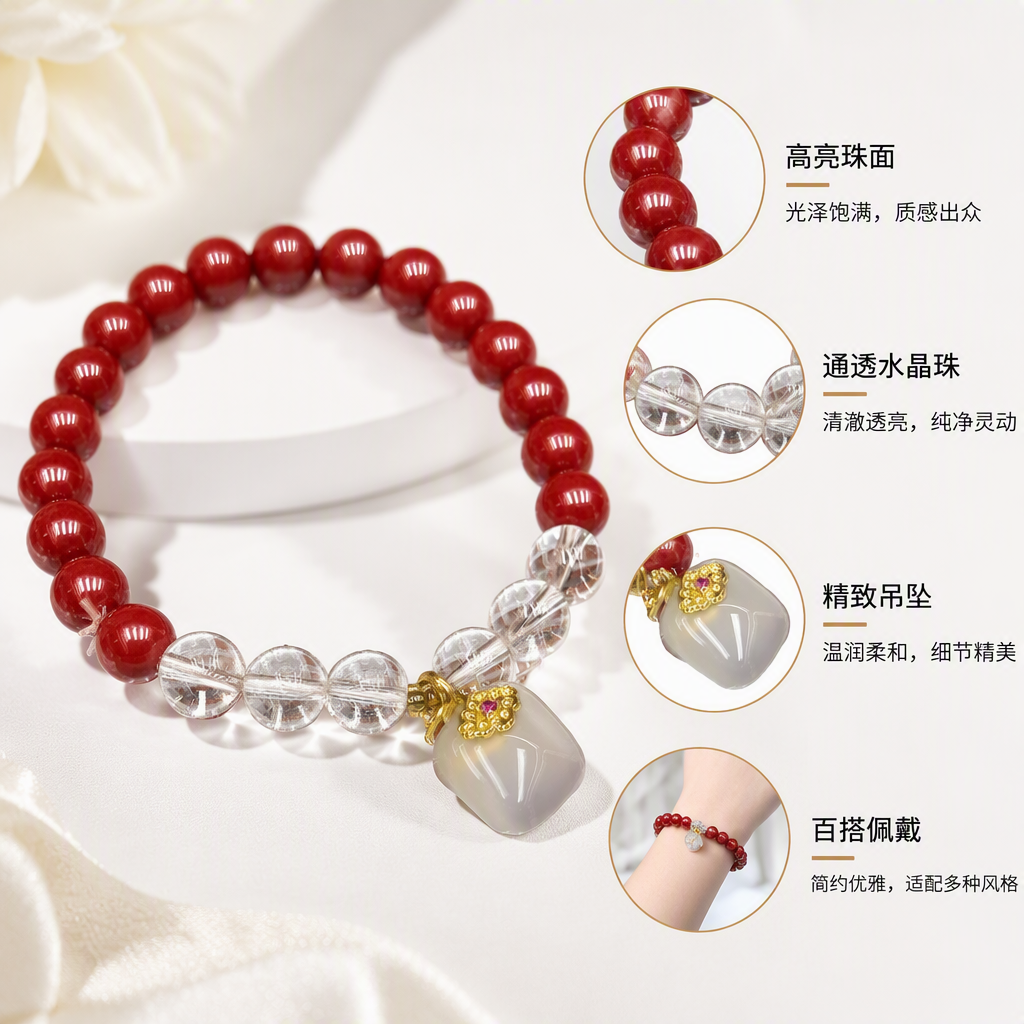 Moda rojo cinabrio cuentas cadena de pulsera con cuentas de cristal transparente colgante de jade blanco simple 100 accesorios para mujeres