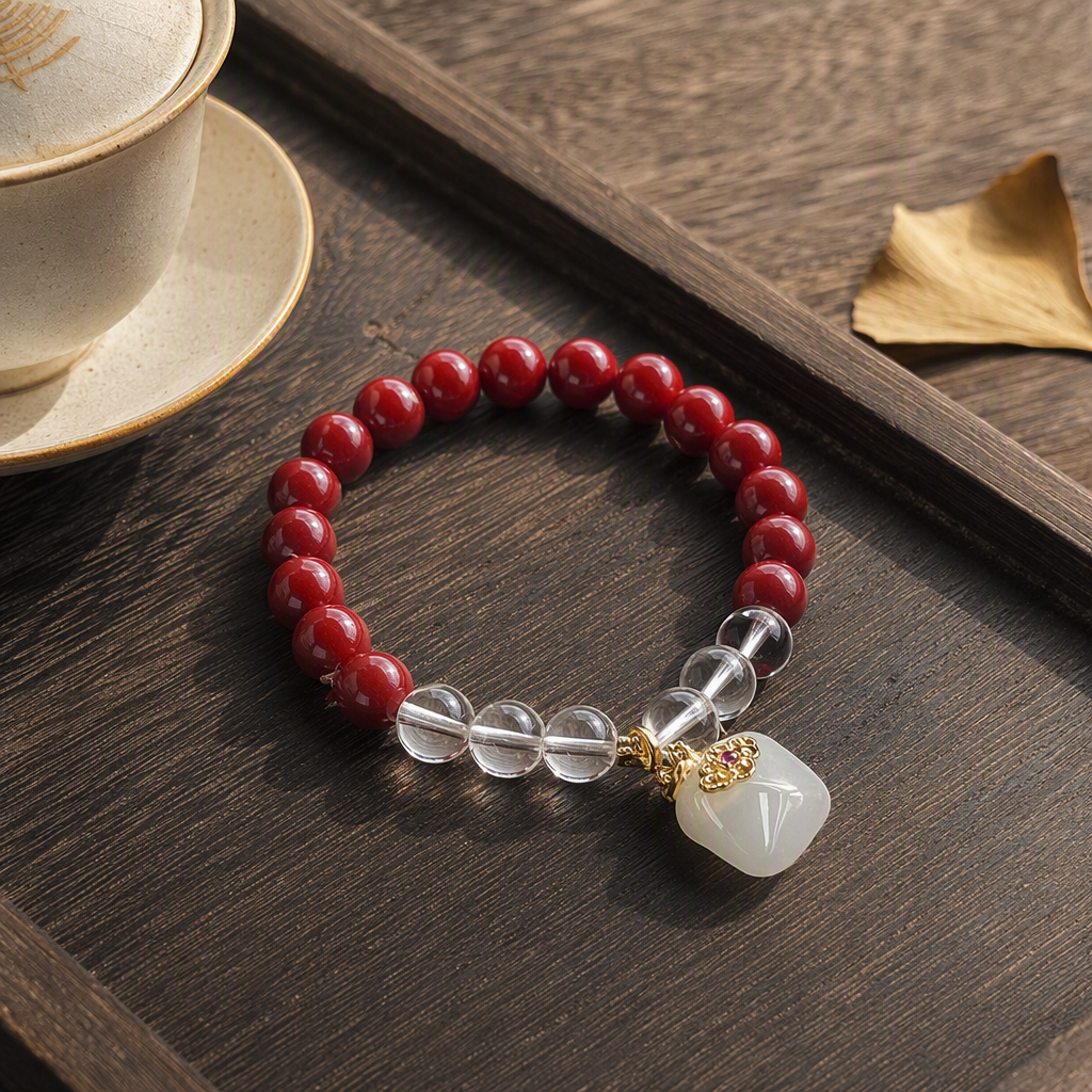 Moda rojo cinabrio cuentas cadena de pulsera con cuentas de cristal transparente colgante de jade blanco simple 100 accesorios para mujeres details Picture