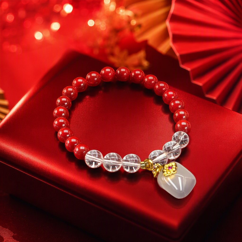 Moda rojo cinabrio cuentas cadena de pulsera con cuentas de cristal transparente colgante de jade blanco simple 100 accesorios para mujeres Specification image