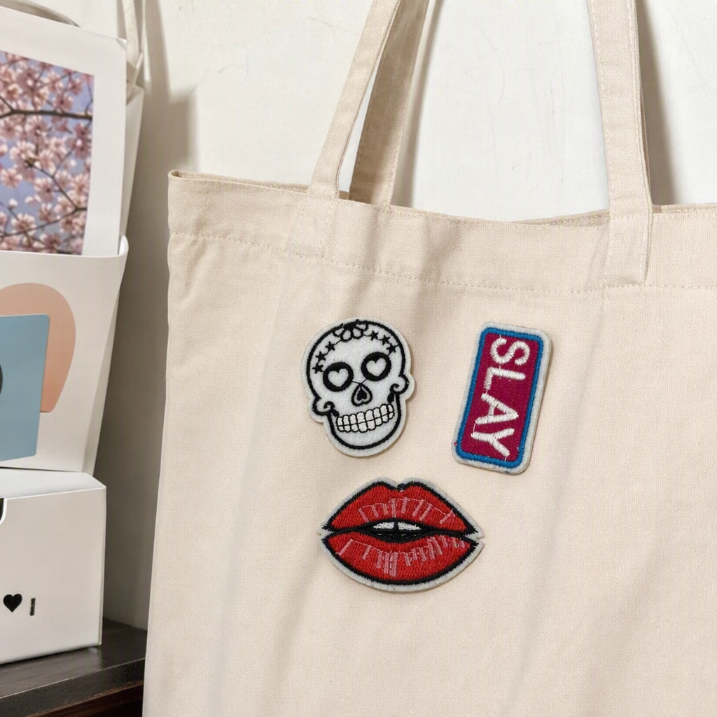 White background embroidered patch skull with "SLAY" lettering, red lip pattern, rectangular decorative patch DIY clothing accessories details Picture