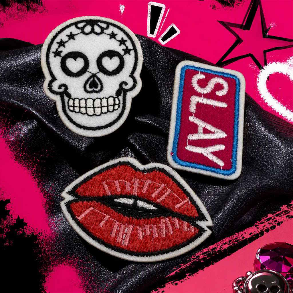 White background embroidered patch skull with "SLAY" lettering, red lip pattern, rectangular decorative patch DIY clothing accessories Specification image