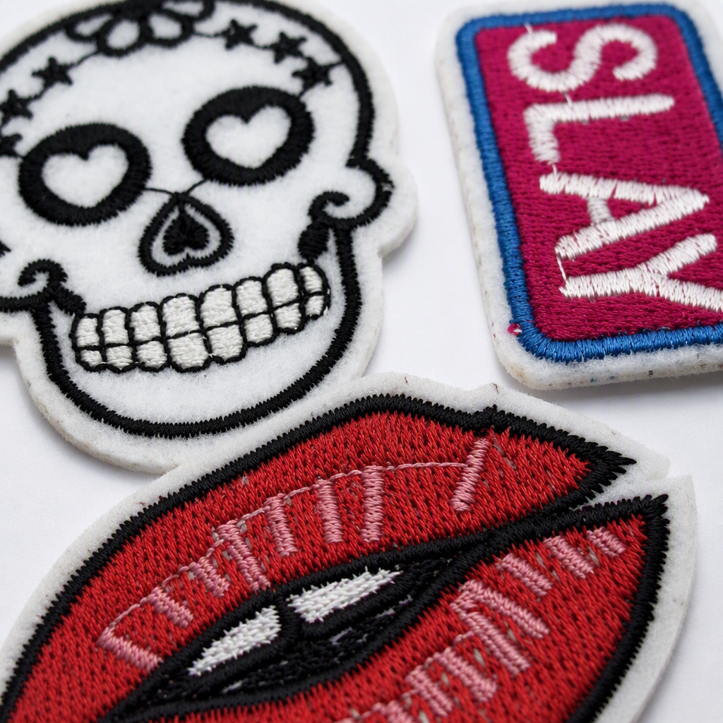 White background embroidered patch skull with "SLAY" lettering, red lip pattern, rectangular decorative patch DIY clothing accessories Application Scenario