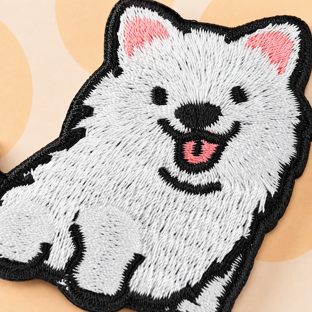 DIY hand-stitched decals with white embroidered dog patterns can be sewn into home clothing accessories Application Scenario