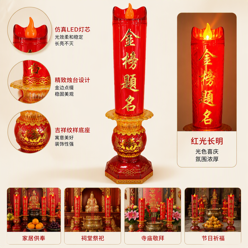 Five red electronic candles, auspicious text decorations on the base, festive and holiday lights, flame-shaped home decoration