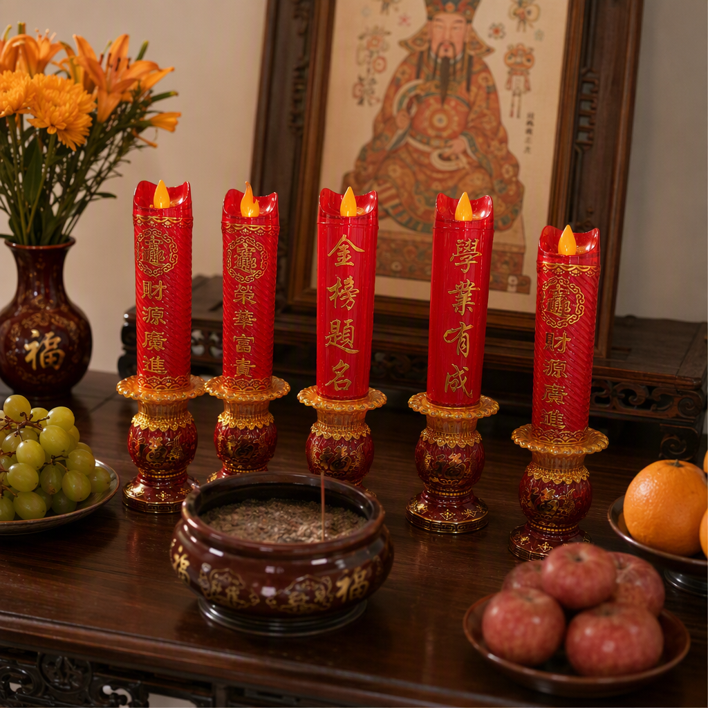 Five red electronic candles, auspicious text decorations on the base, festive and holiday lights, flame-shaped home decoration details Picture