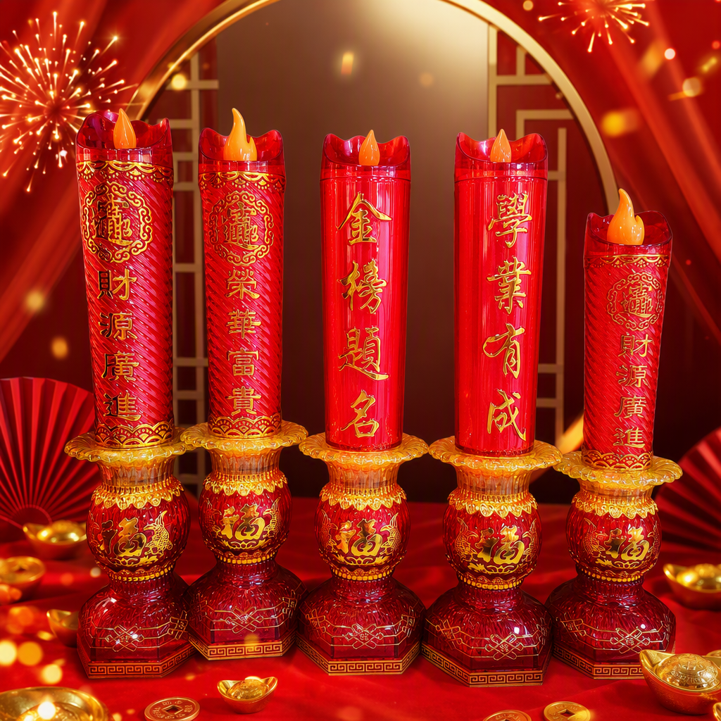 Five red electronic candles, auspicious text decorations on the base, festive and holiday lights, flame-shaped home decoration Specification image