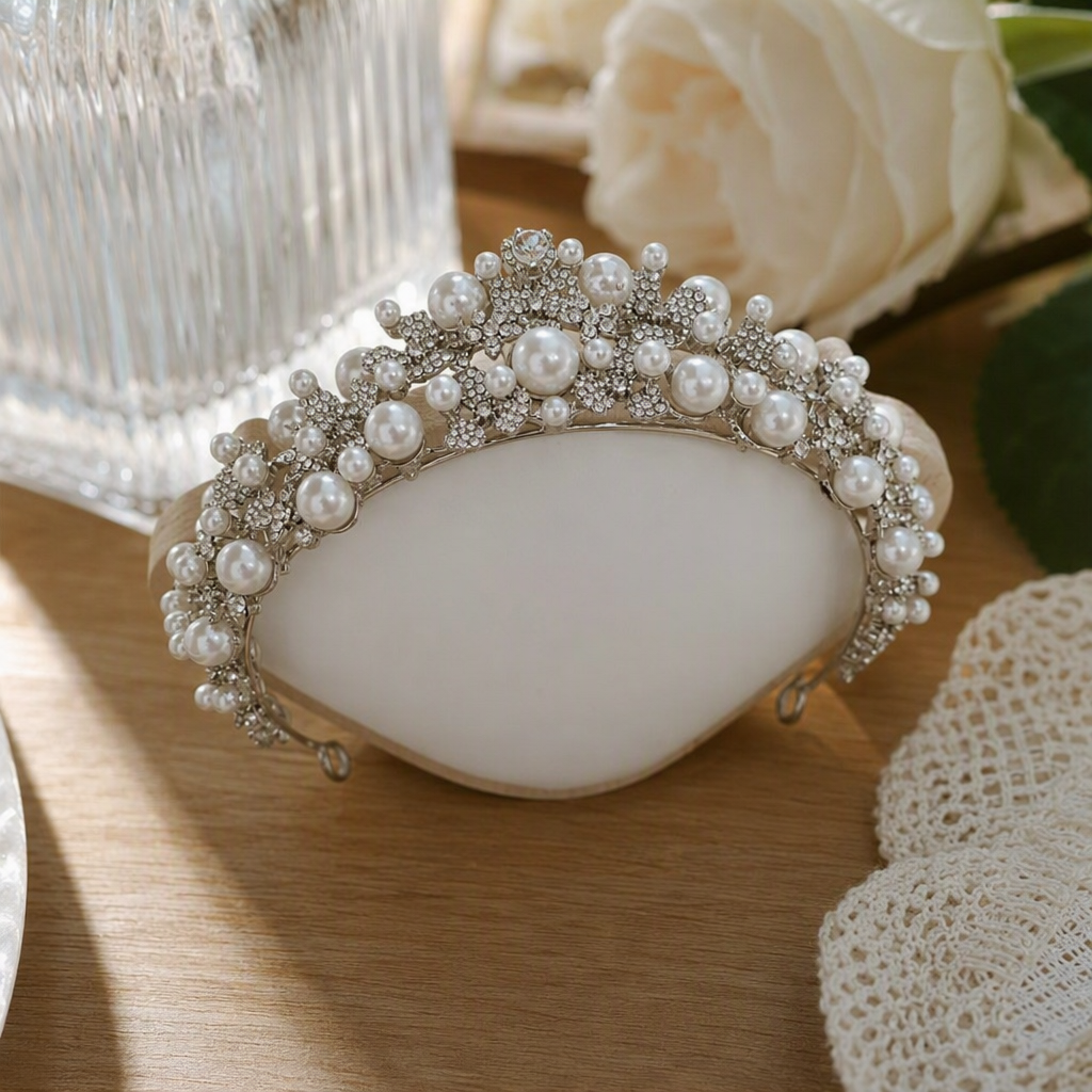 Shining silver pearl crystal crown headwear, elegant and noble wedding banquet hair accessory, women's accessory details Picture