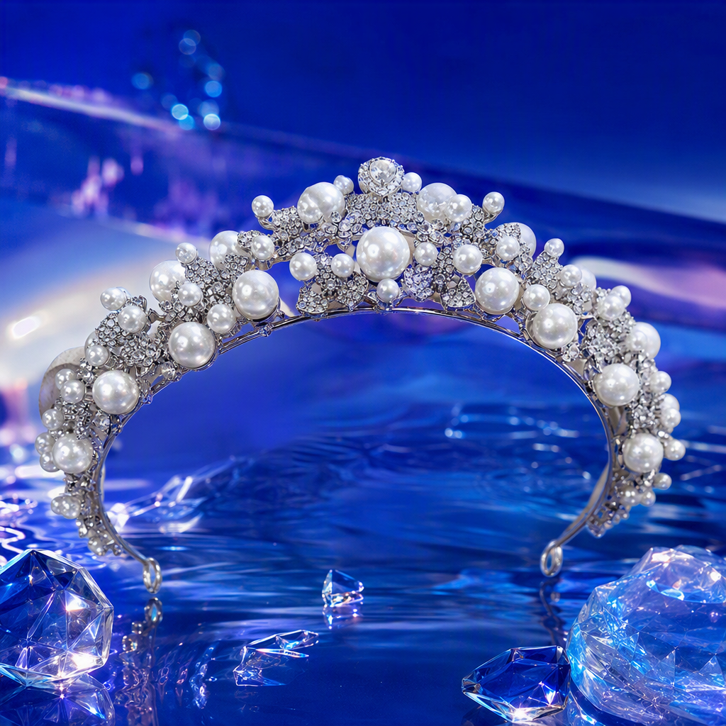 Shining silver pearl crystal crown headwear, elegant and noble wedding banquet hair accessory, women's accessory Specification image