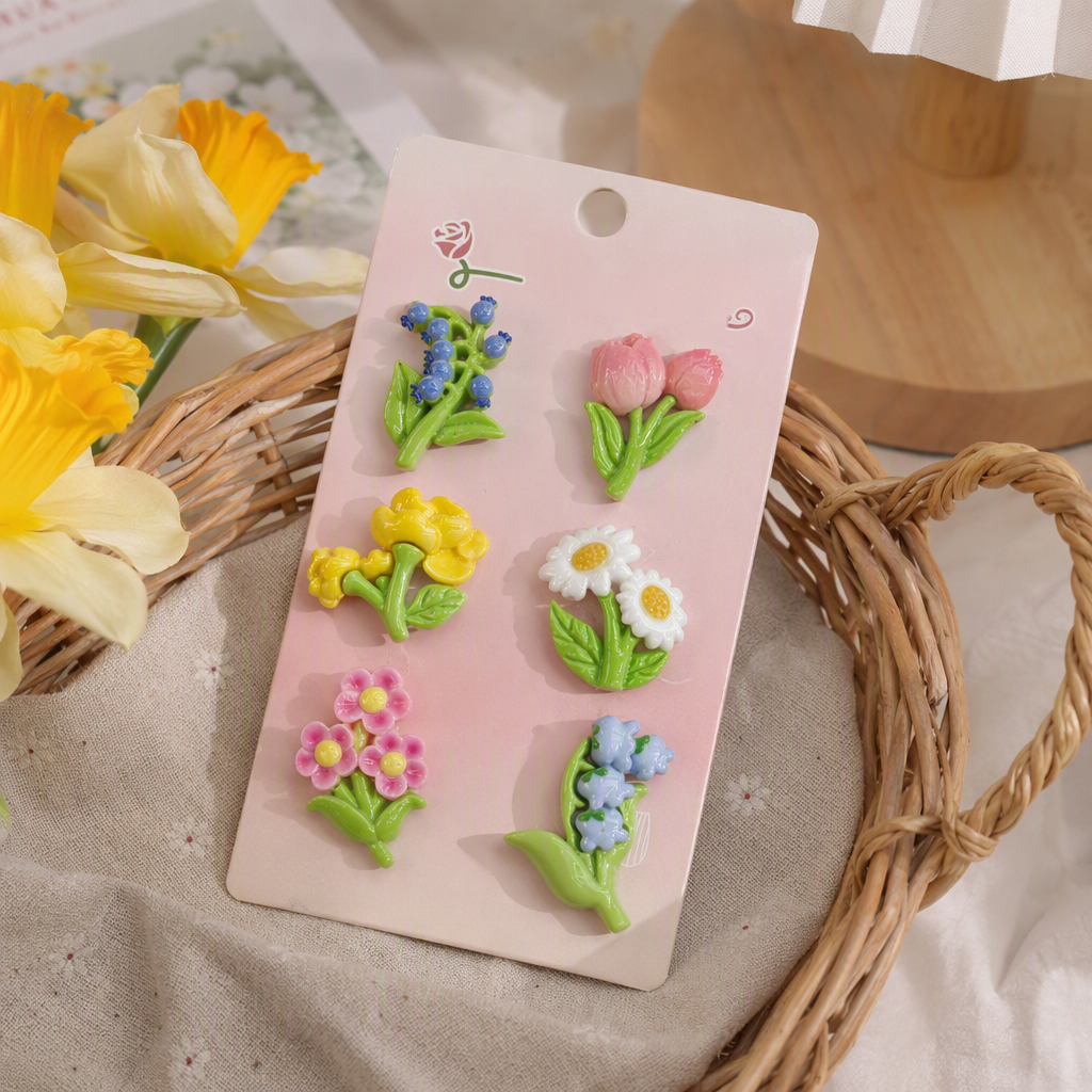 Six colorful flower brooches, pink card, blueberry pollen, tulip, yellow flower, white Daisy, pink small flower, purple wind chime flower accessory gifts details Picture