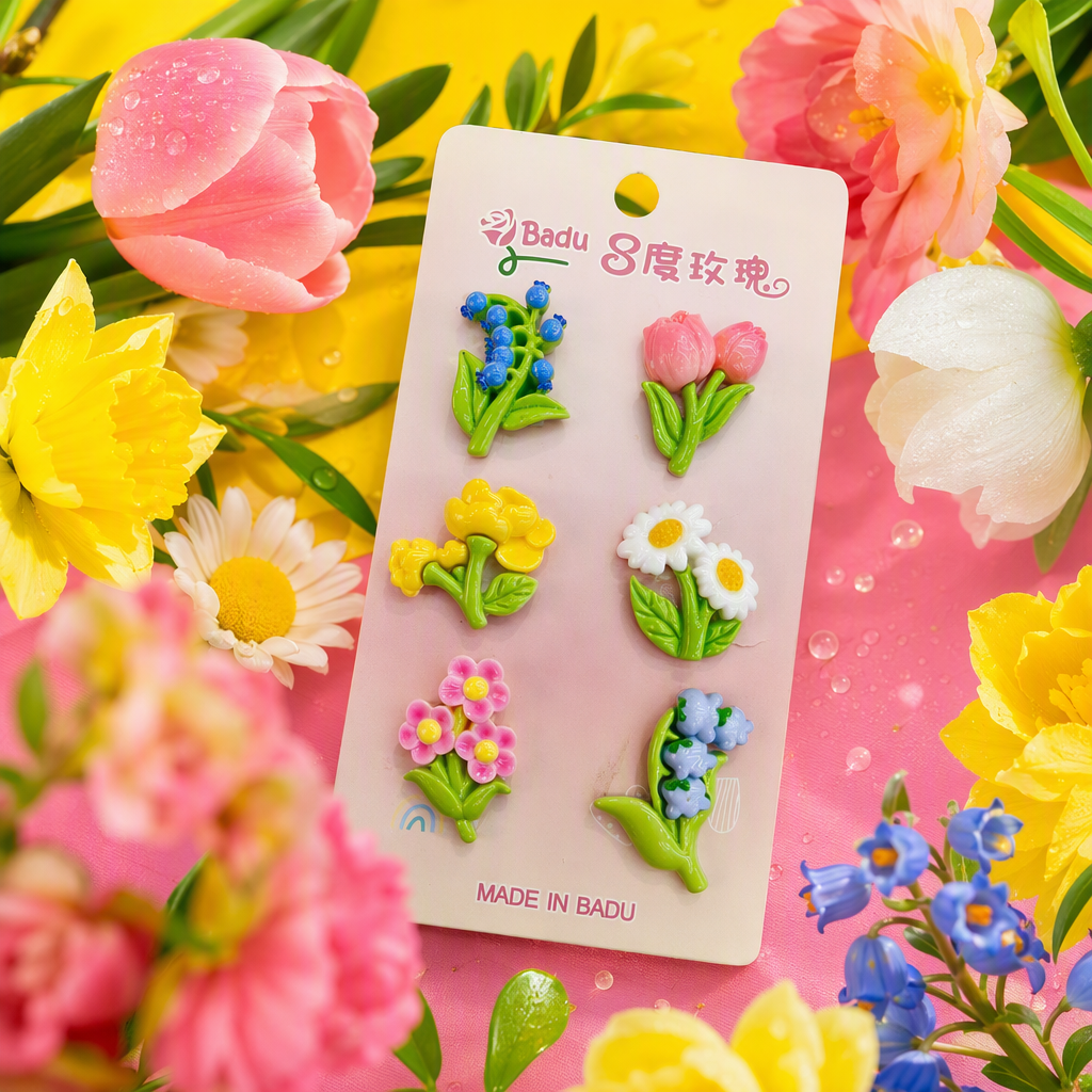 Six colorful flower brooches, pink card, blueberry pollen, tulip, yellow flower, white Daisy, pink small flower, purple wind chime flower accessory gifts Specification image