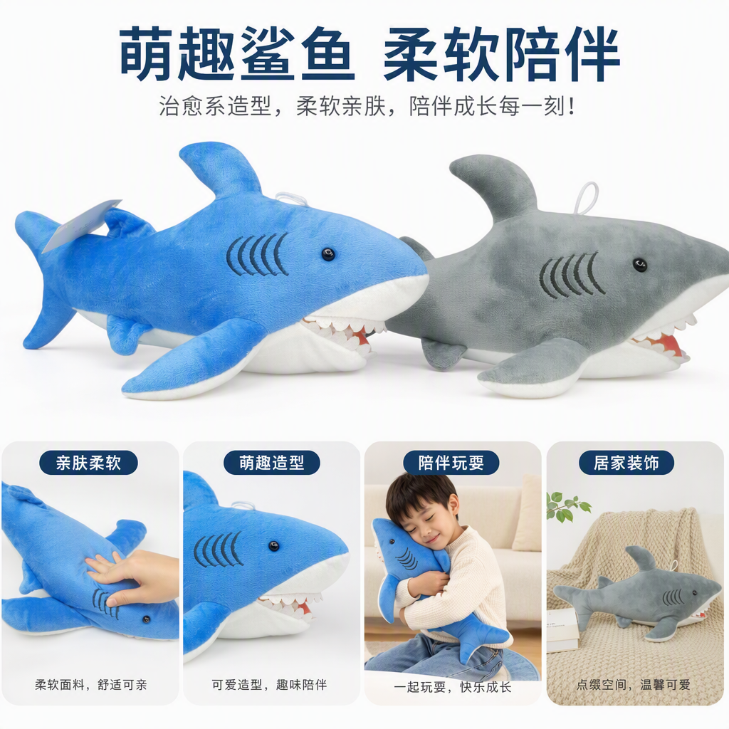 Fun blue and gray shark dolls, children's fabric soft and cute throw pillows, toys, gifts, collectibles