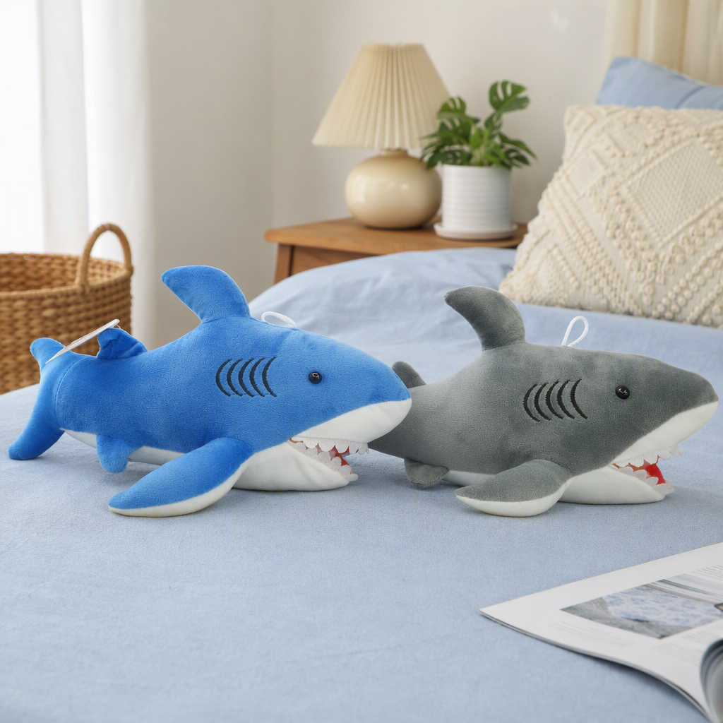 Fun blue and gray shark dolls, children's fabric soft and cute throw pillows, toys, gifts, collectibles details Picture
