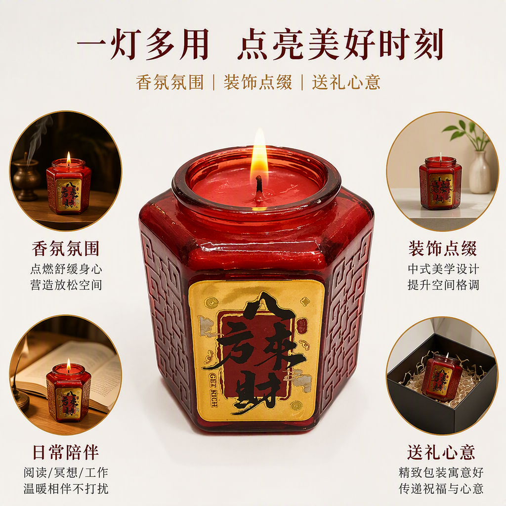 Red hexagonal candle jar, wealth-attracting candles, home decoration gifts, gift-giving, festival celebrations