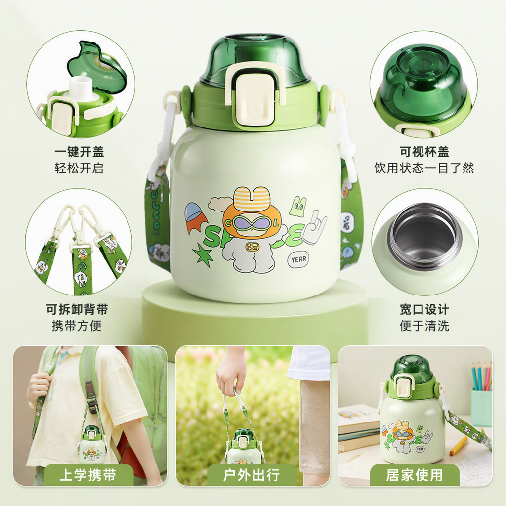 可爱卡通绿水杯儿童学生便携带防漏塑料水壶夏季清凉饮水用品
