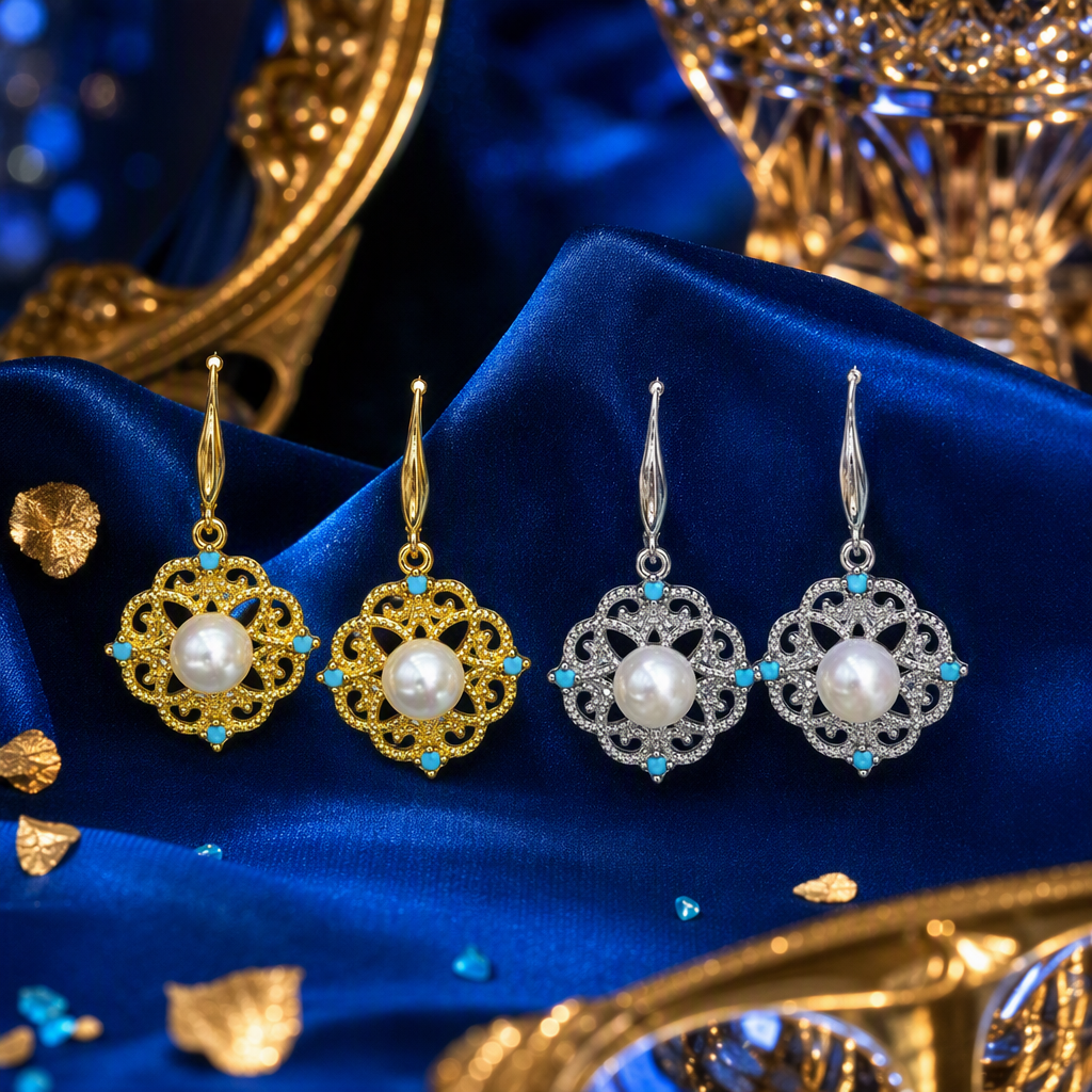 Fashionable gold and silver pearl earrings, four pendants, blue gemstones with hollowed-out patterns, elegant earrings, and white label decoration Specification image