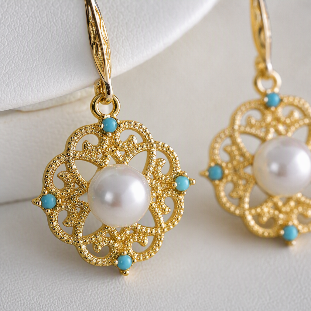 Fashionable gold and silver pearl earrings, four pendants, blue gemstones with hollowed-out patterns, elegant earrings, and white label decoration Application Scenario