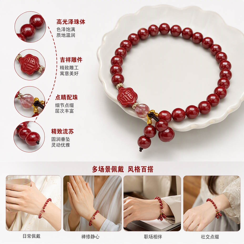 Cinabrio cadena de mano moda vintage rojo cadena de cuentas pulsera simple 100 accesorios de mano tejido a mano tendencia accesorios