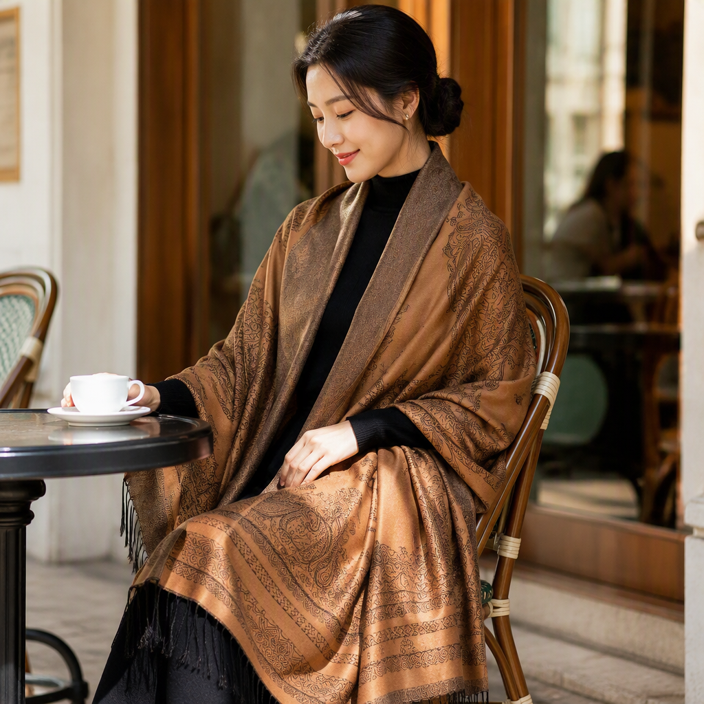 This fashionable and retro brown patterned scarf is versatile and warm. It is a trendy long accessory for women's shawls in autumn and winter details Picture