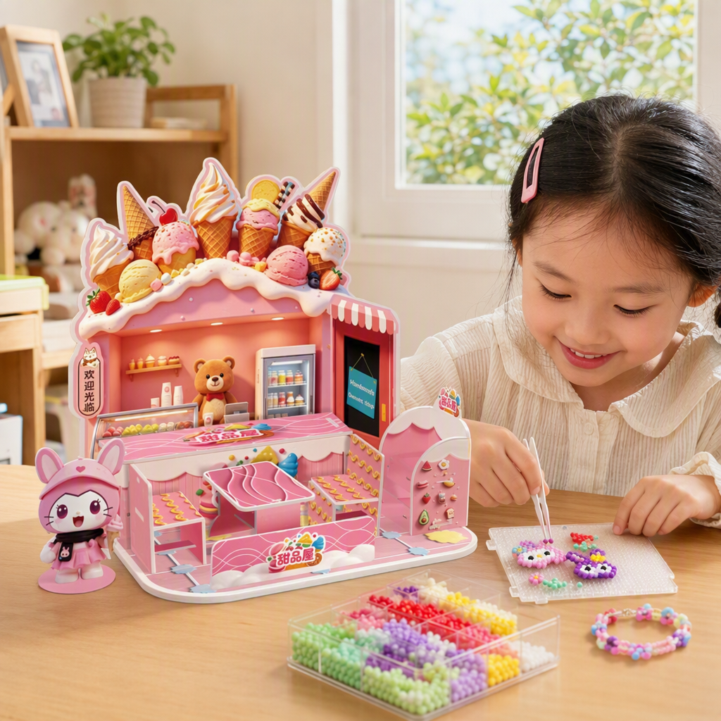 Pink dessert House scene toy set, children's intelligence assembly, Fun kitchen Simulation game gift box, Children's Day gift details Picture