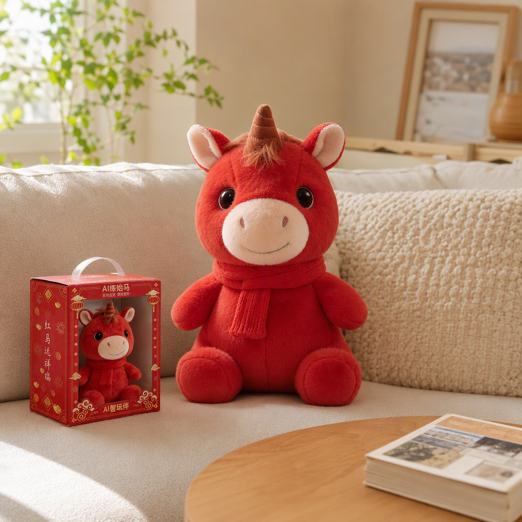 AI inteligente acompañante juguete rojo peluche AI llama roja caballo details Picture