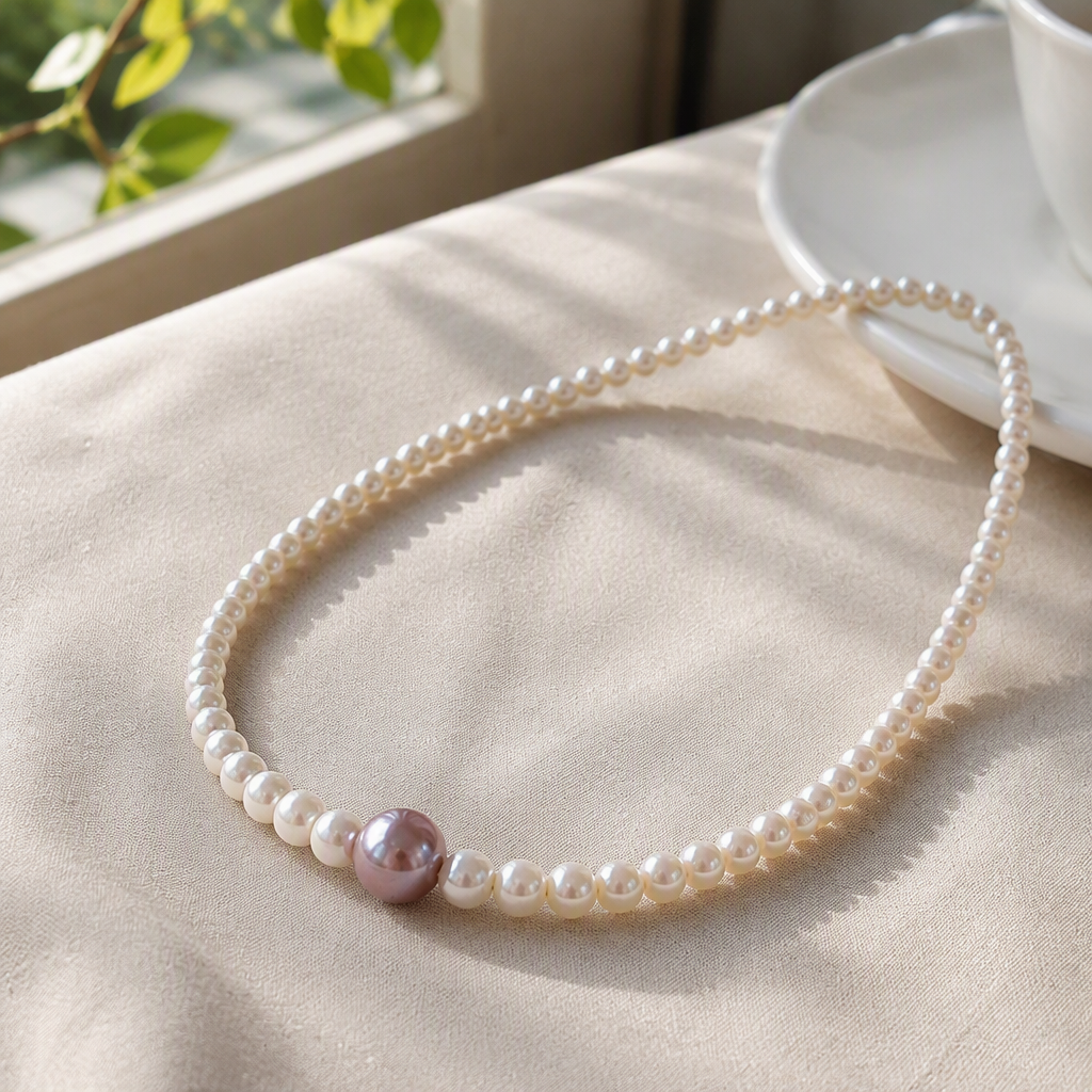 A white pearl necklace with a large violet pearl in the center is an elegant and fashionable gift for women details Picture