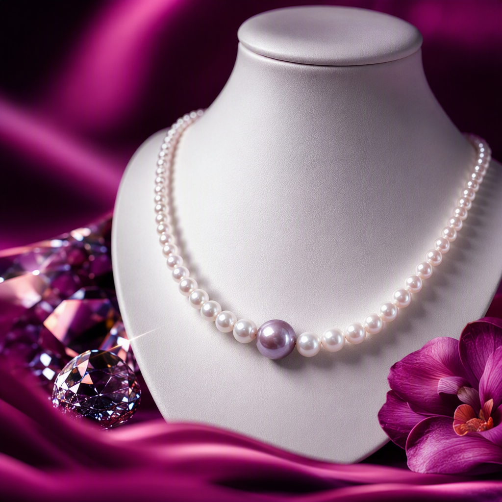 A white pearl necklace with a large violet pearl in the center is an elegant and fashionable gift for women Specification image