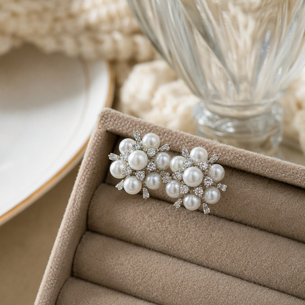 Shining silver pearl and diamond stud earrings, simple and elegant, versatile earrings, fashionable women's earrings gift details Picture