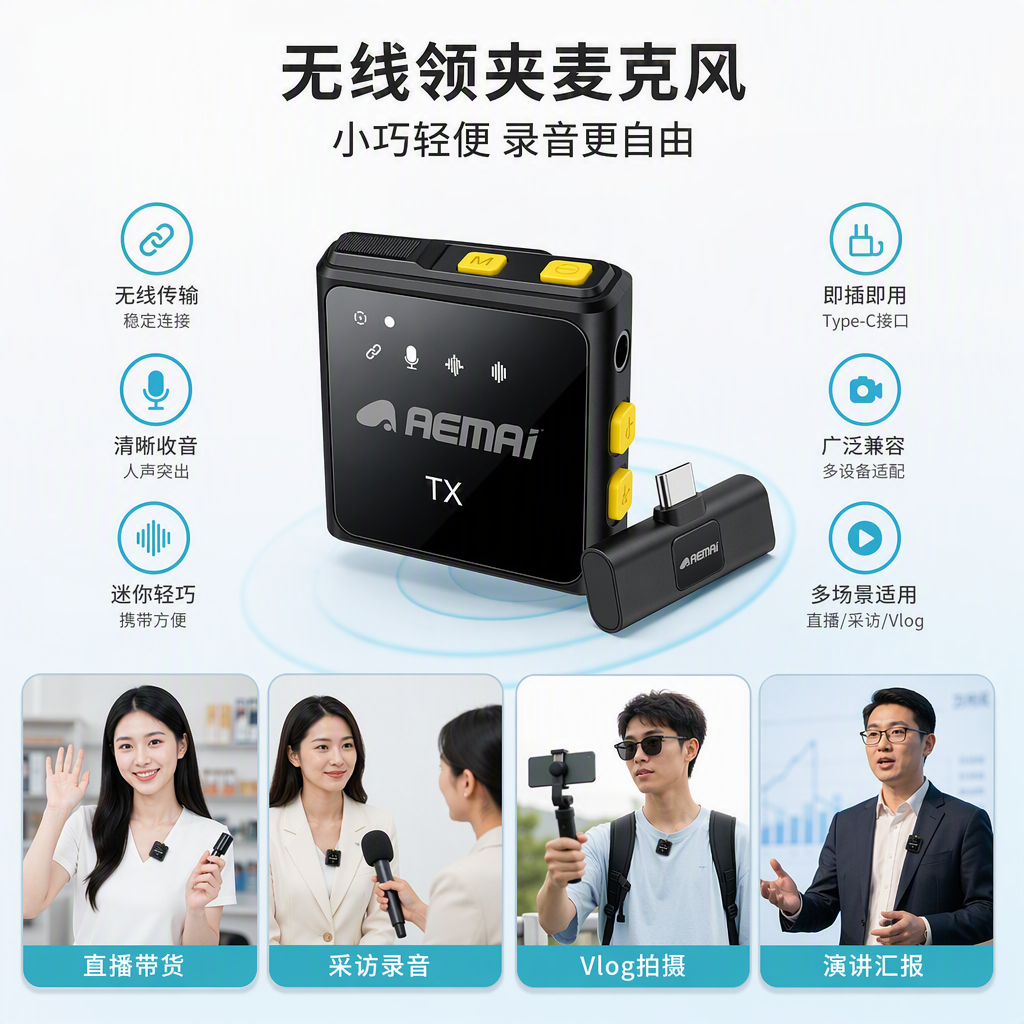 Black wireless microphone set with TX transmitter and Type-C receiver, portable packaging, suitable for speeches and meetings
