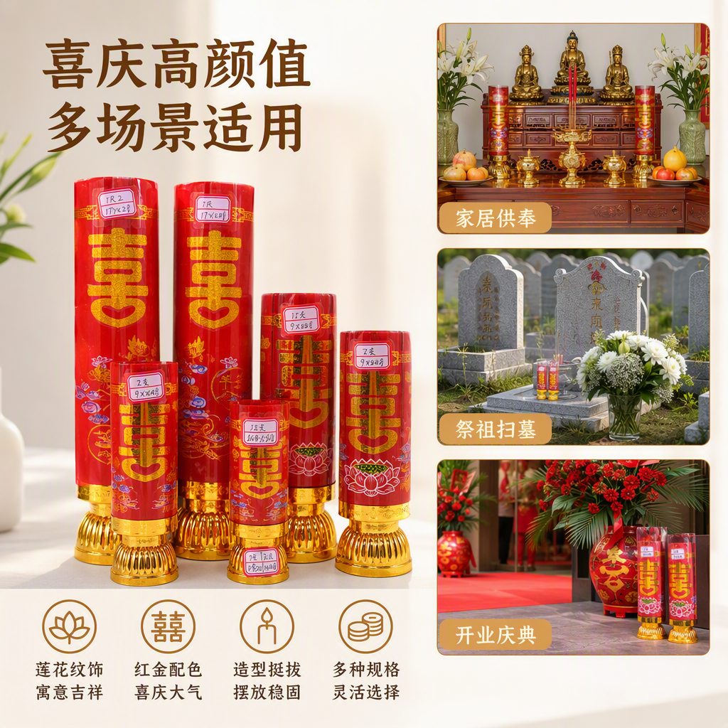 Red festive candles with a golden base printed with the lotus pattern of "Xi Bao Ding Jin CAI", festival wedding items, candlestick decoration