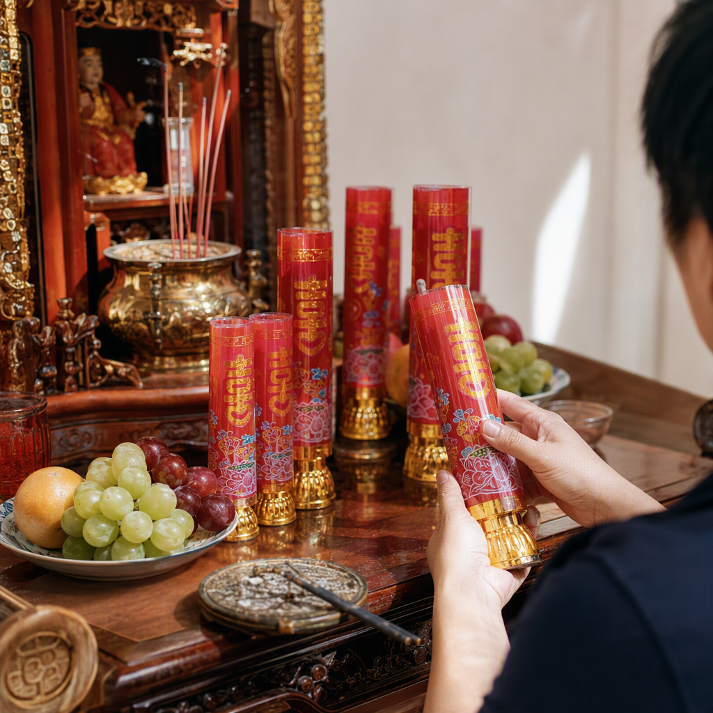 Red festive candles with a golden base printed with the lotus pattern of "Xi Bao Ding Jin CAI", festival wedding items, candlestick decoration details Picture