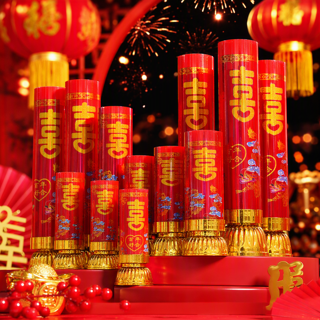 Red festive candles with a golden base printed with the lotus pattern of "Xi Bao Ding Jin CAI", festival wedding items, candlestick decoration Specification image