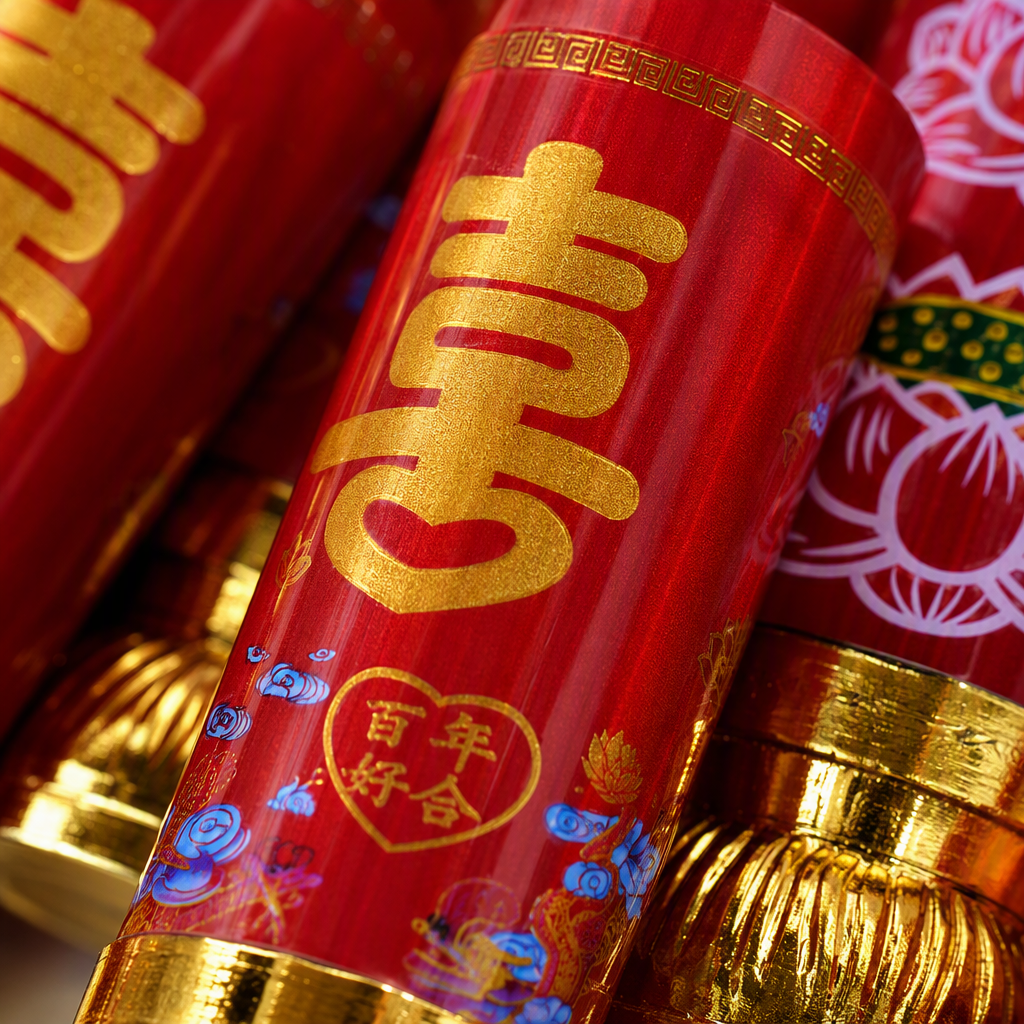 Red festive candles with a golden base printed with the lotus pattern of "Xi Bao Ding Jin CAI", festival wedding items, candlestick decoration Application Scenario